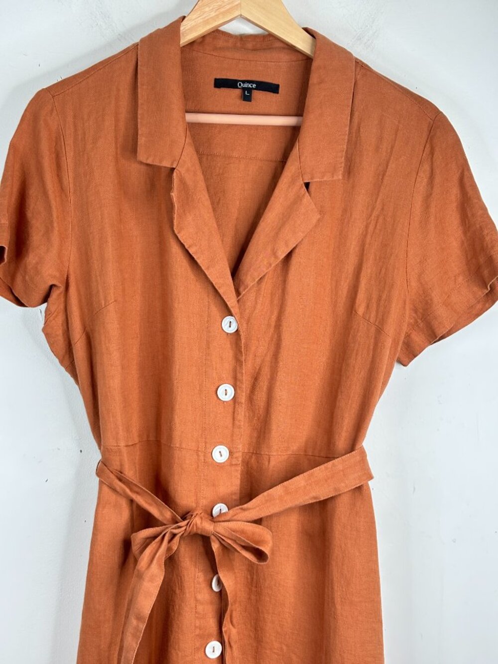 Quince 100% European Linen Button Front Midi Dress L Terracotta Pockets Belt - Picture 3 of 10
